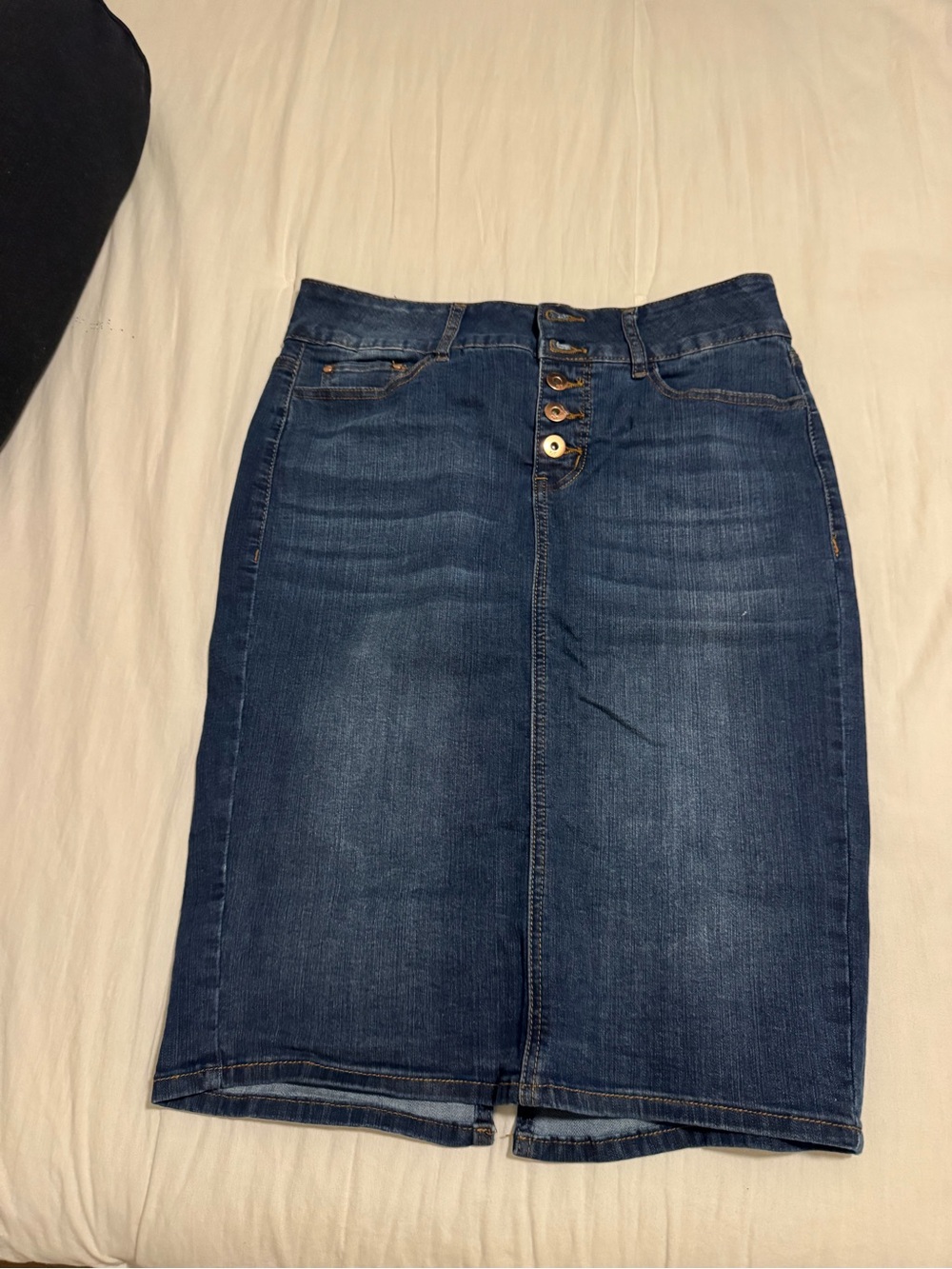 High-Rise Dark Blue Denim Pencil Skirt with Button Front
